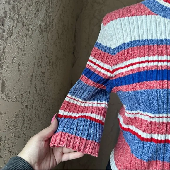 🦋 H&M Striped Red, White & Blue Crew Neck Fitted 3/4 Sleeve Cropped Sweater - Picture 6 of 10